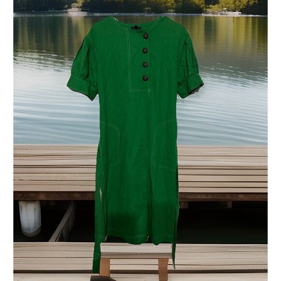 Chic Who What Wear Womens Puff Sleeve Linen Dress W Belt Classic Boho Sweet XS - Picture 2 of 5